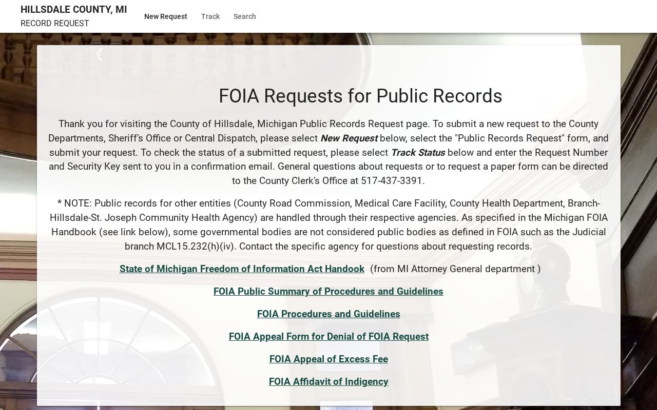 Hillsdale County 24 hour release record request portal