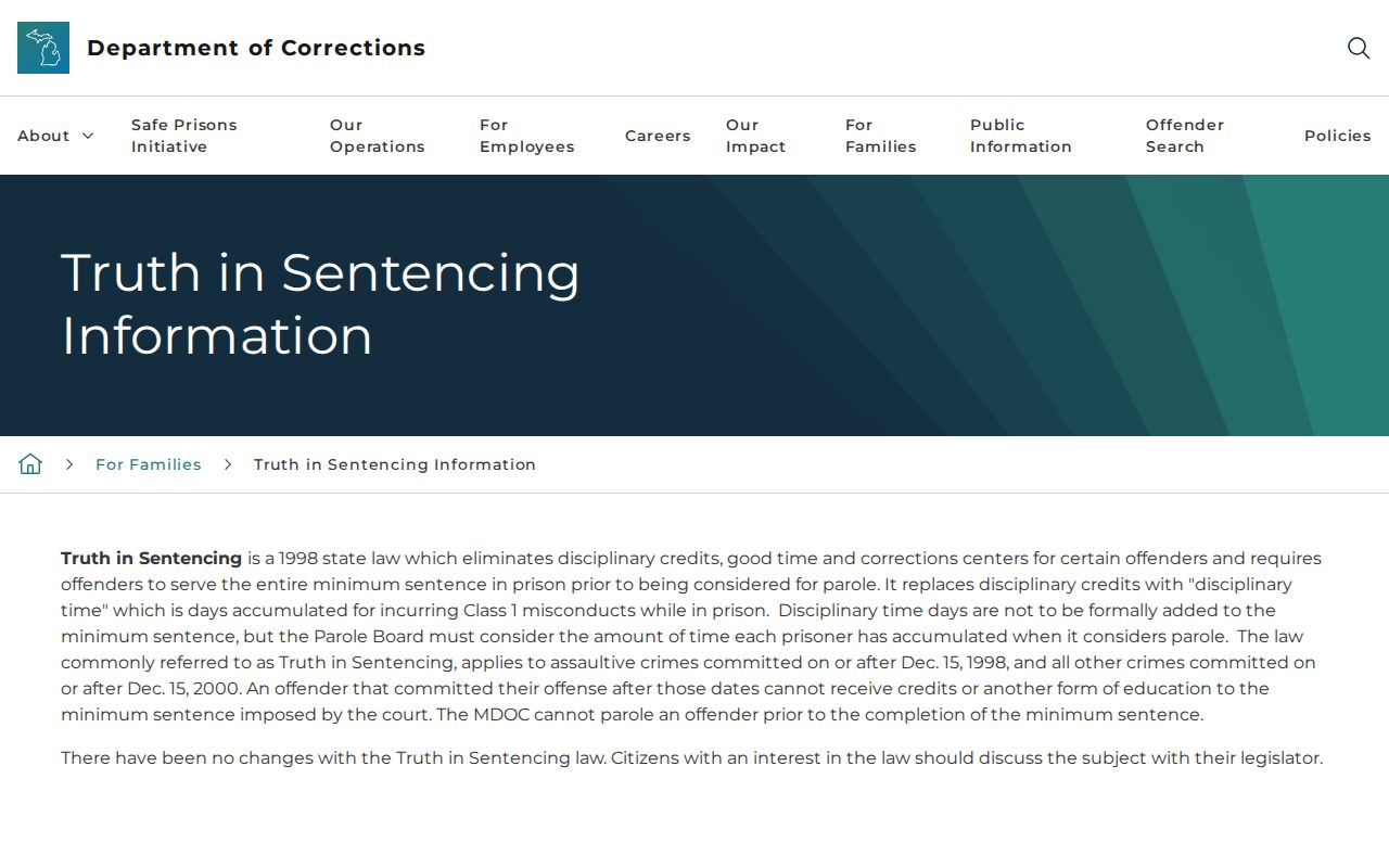 Hillsdale County inmate release date Michigan Truth in Sentencing record