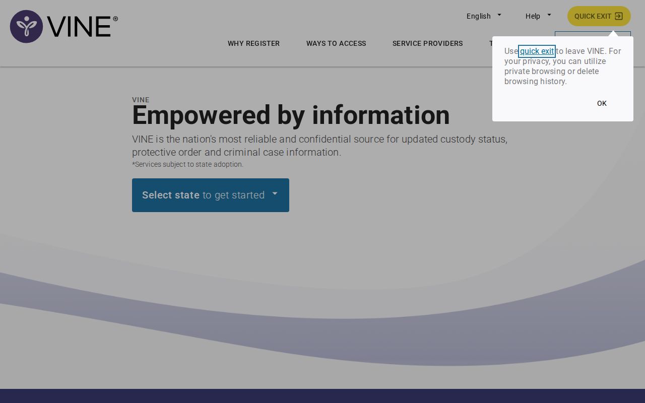 Hillsdale County VINELink release check search and registration screen